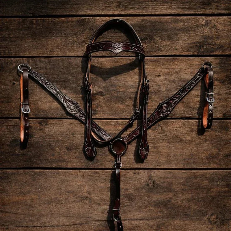 "Heritage Dark Tooling" Leather Bridle & Breastplate Set - Feral Pony