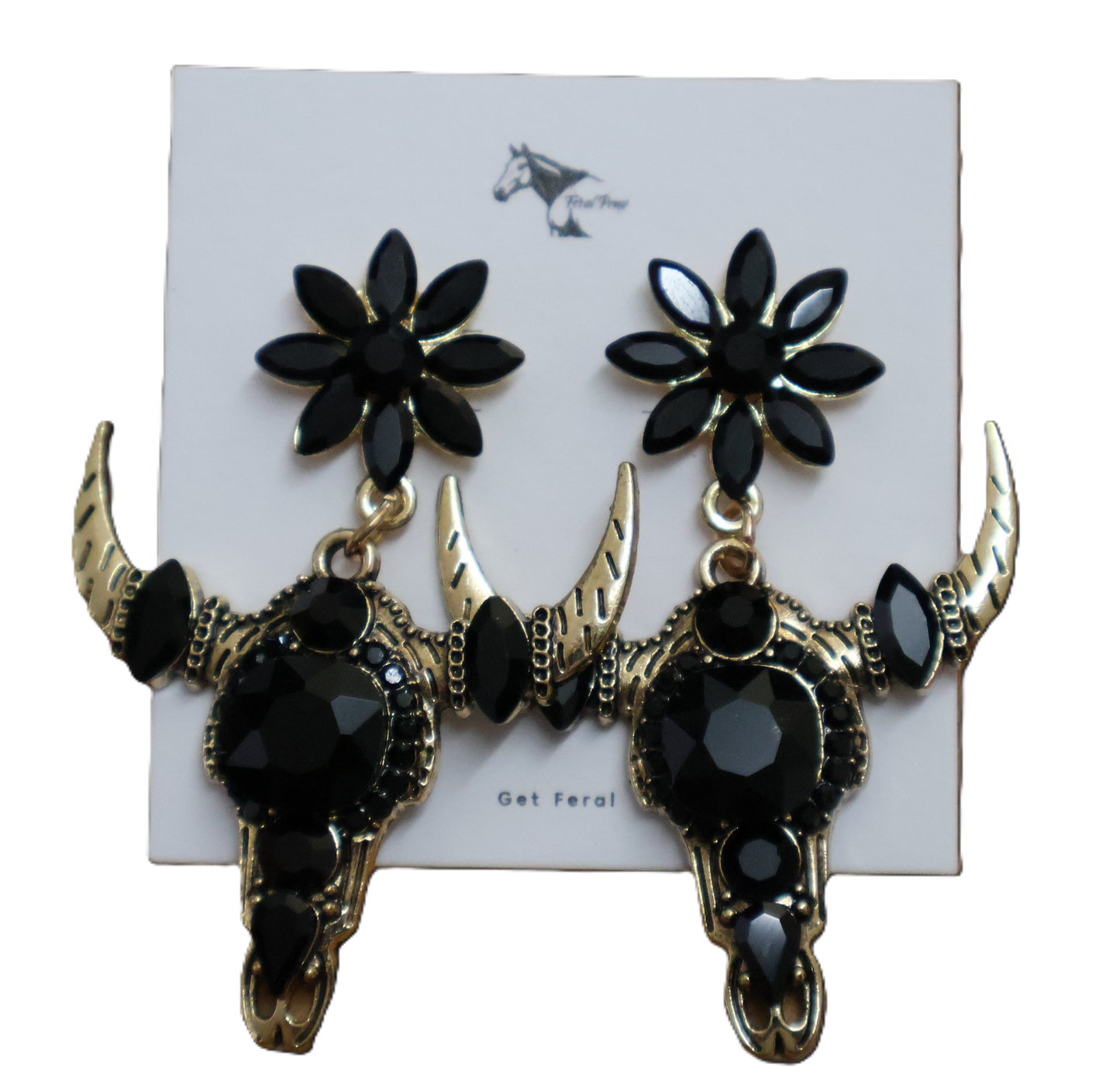 Black Gemstone Steer Skull Statement Earrings