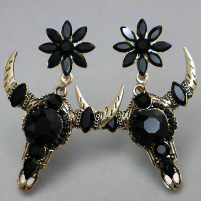 Black Gemstone Steer Skull Statement Earrings