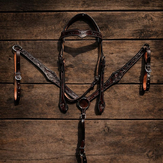 "Heritage Dark Tooling" Leather Bridle & Breastplate Set - Pre-Order - Feral Pony