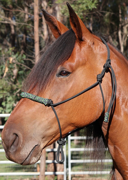 Black Rope Halter with Green & Purple Braid 💚🩵 - Feral Pony