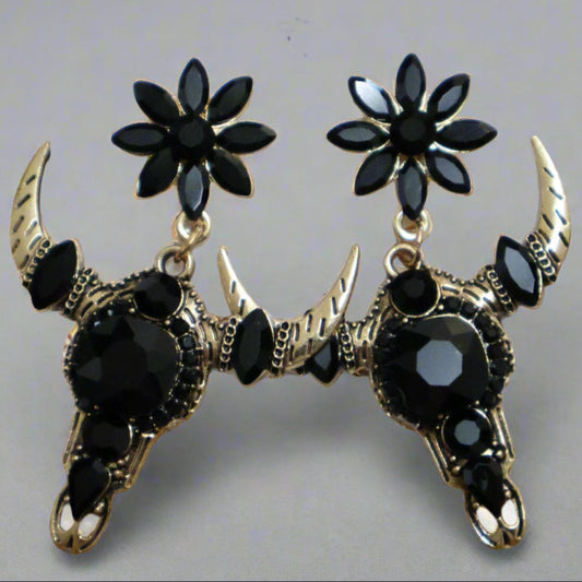 Black Gemstone Steer Skull Statement Earrings