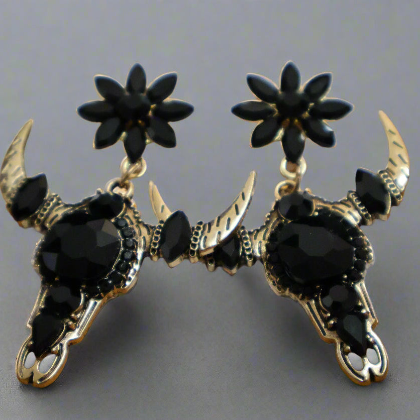 Black Gemstone Steer Skull Statement Earrings