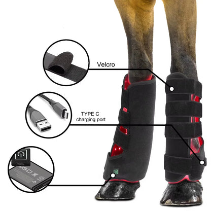 Horse leg with protective boot labeled for velcro, USB charging port, and battery pack.