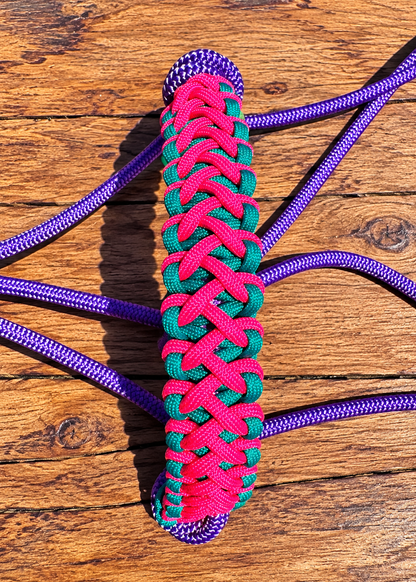 💜🩷💙 PURPLE STIFF ROPE HALTER – PINK & TURQUOISE BRAID 💙🩷💜