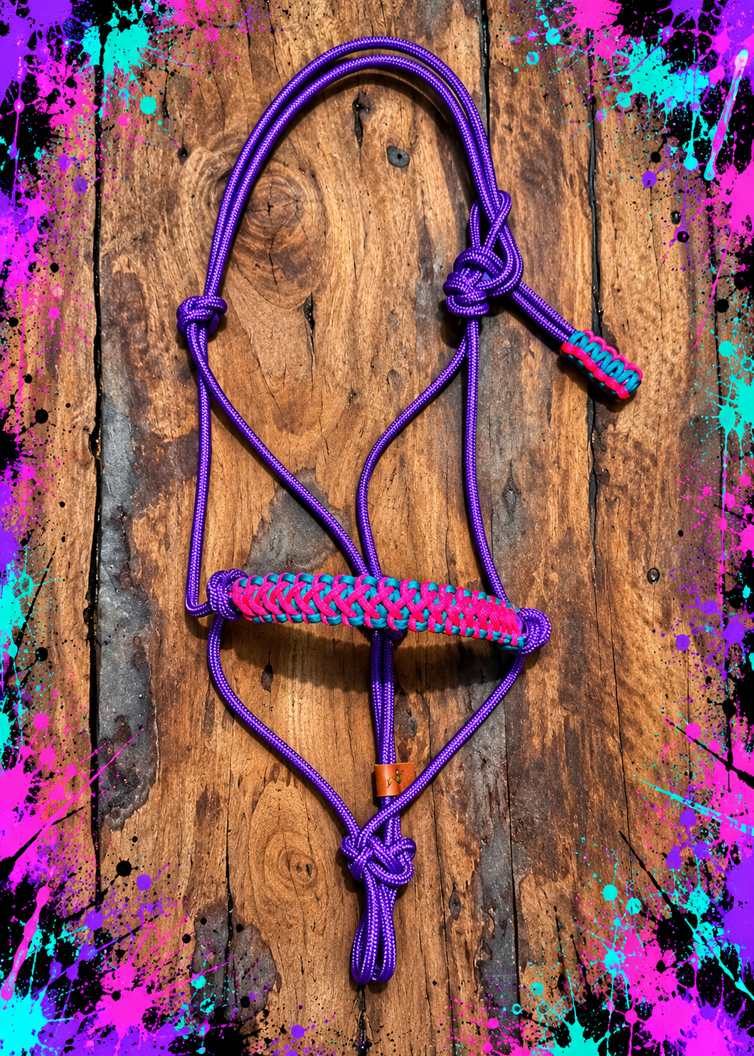 💜🩷💙 PURPLE STIFF ROPE HALTER – PINK & TURQUOISE BRAID 💙🩷💜