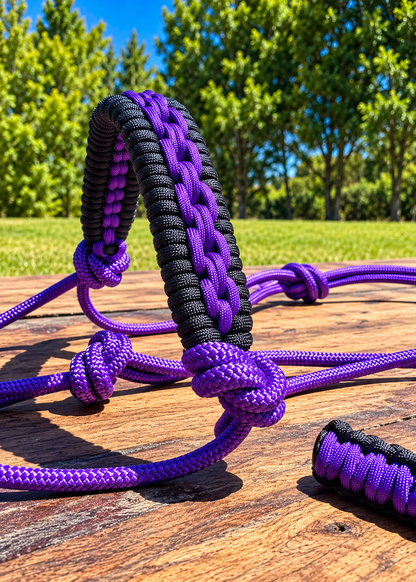 💜🖤 PURPLE STIFF ROPE HALTER – BLACK & PURPLE BRAIDED NOSEBAND 🖤💜
