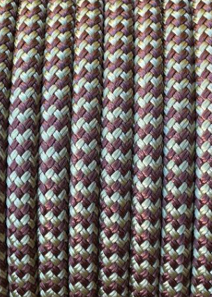 Close-up of braided rope with purple and beige pattern