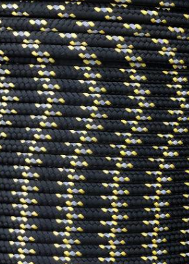 Close-up of black rope with yellow and gray pattern