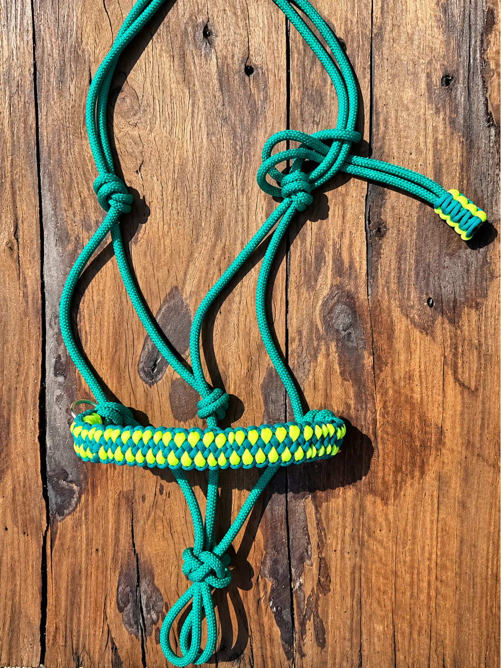 A green paracord horse halter with a yellow and green braided crown piece, laid flat on a rustic wooden surface.