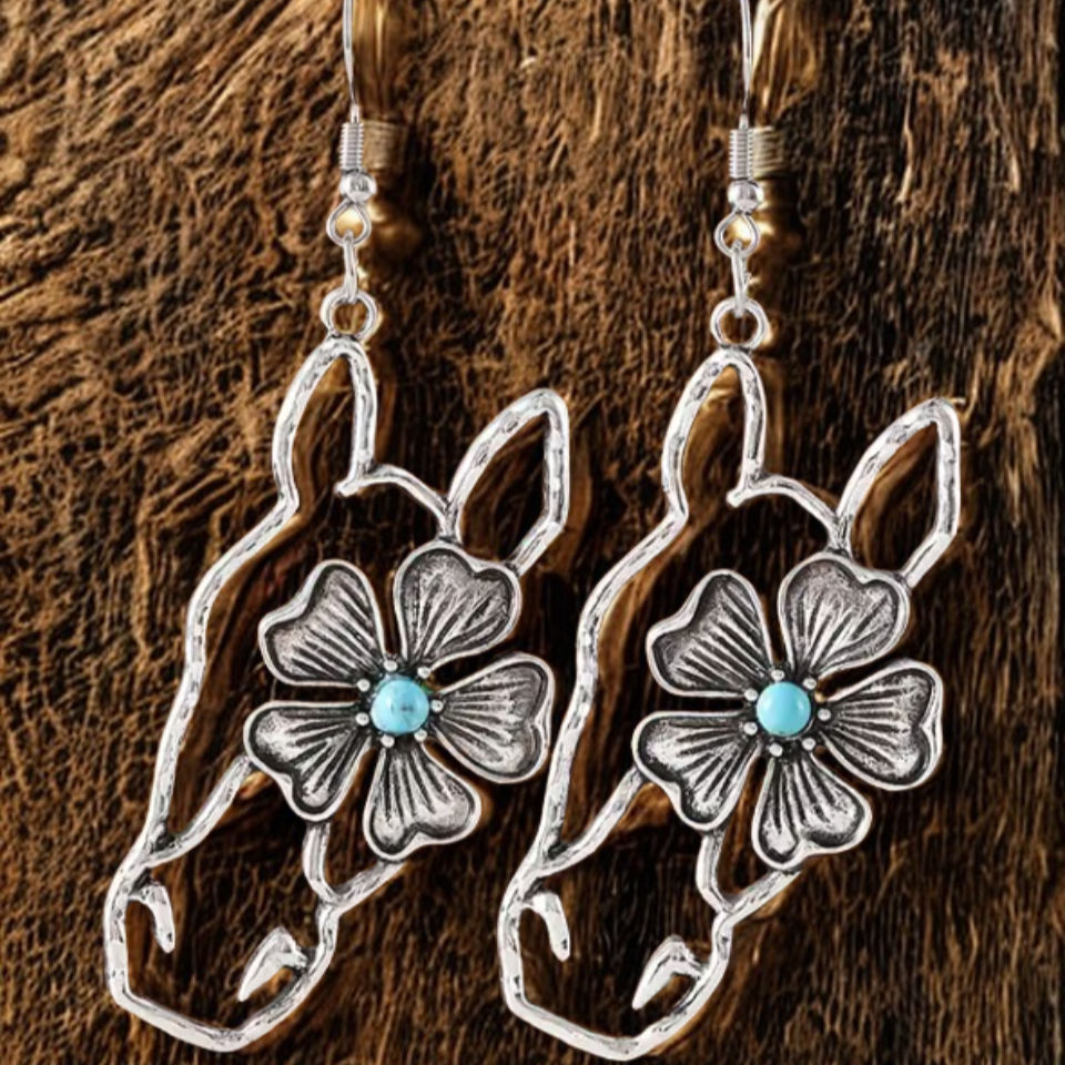 Western Horse Silhouette Earrings – Floral Turquoise Accent🌸