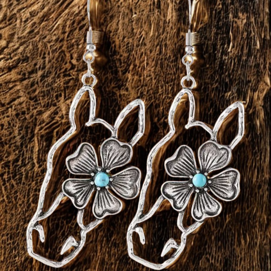 Western Horse Silhouette Earrings – Floral Turquoise Accent🌸
