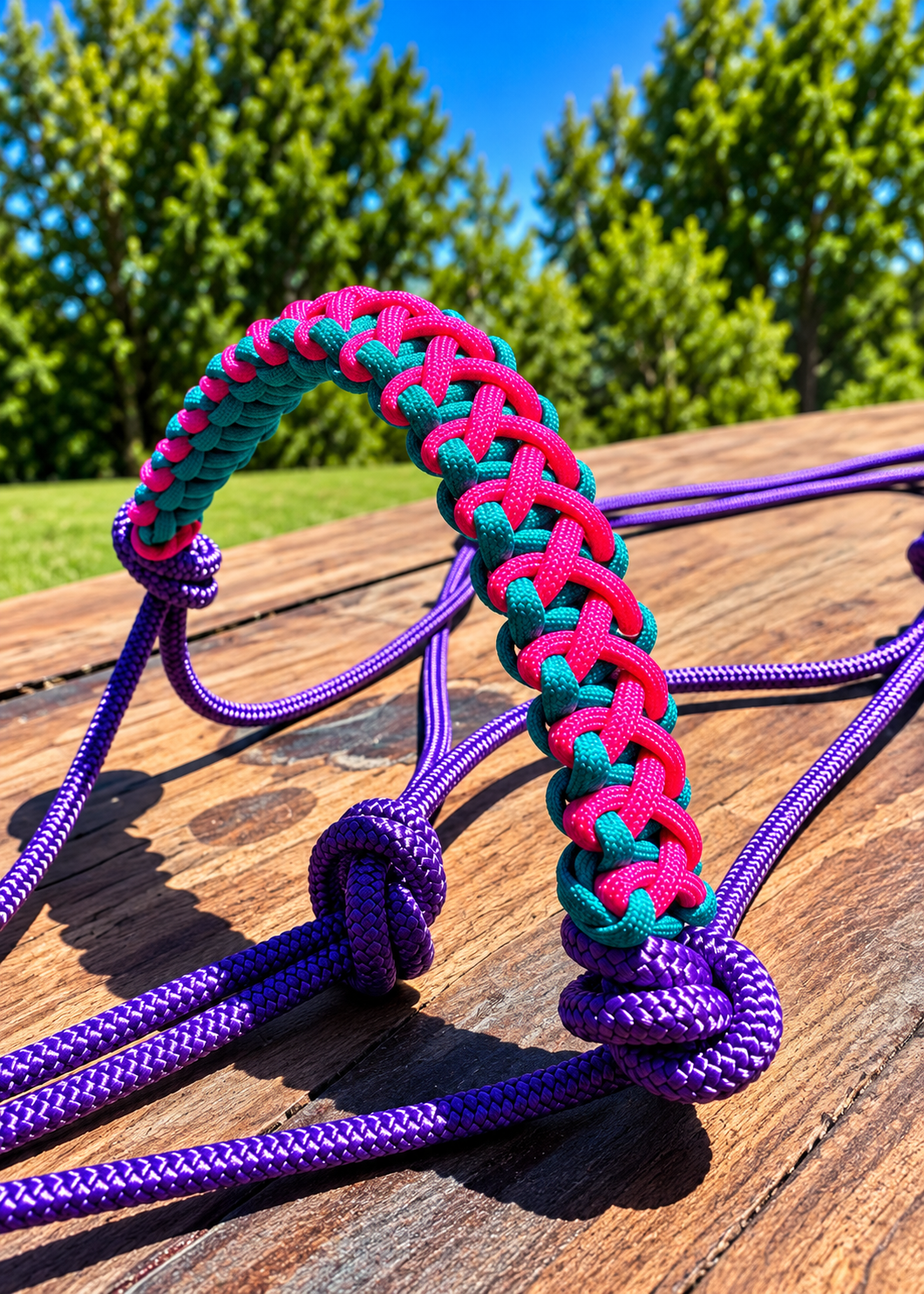 💜🩷💙 PURPLE STIFF ROPE HALTER – PINK & TURQUOISE BRAID 💙🩷💜