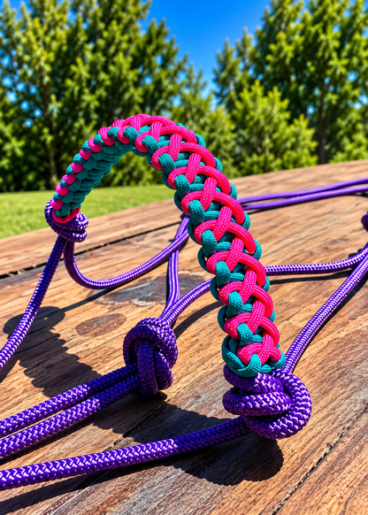 💜🩷💙 PURPLE STIFF ROPE HALTER – PINK & TURQUOISE BRAID 💙🩷💜