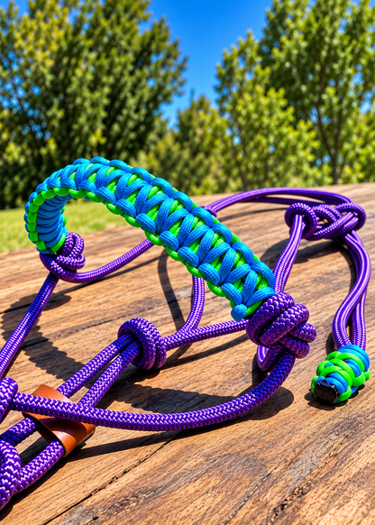 💜 PURPLE STIFF ROPE HALTER – BLUE & LIME BRAID 💚💙