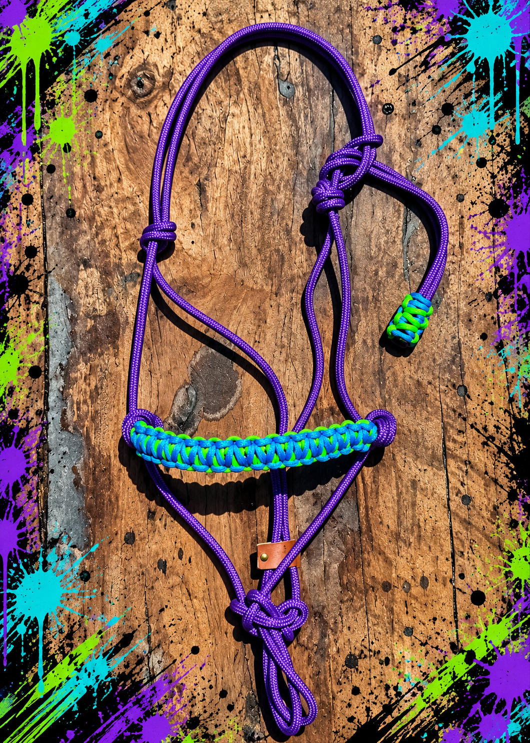 💜 PURPLE STIFF ROPE HALTER – BLUE & LIME BRAID 💚💙