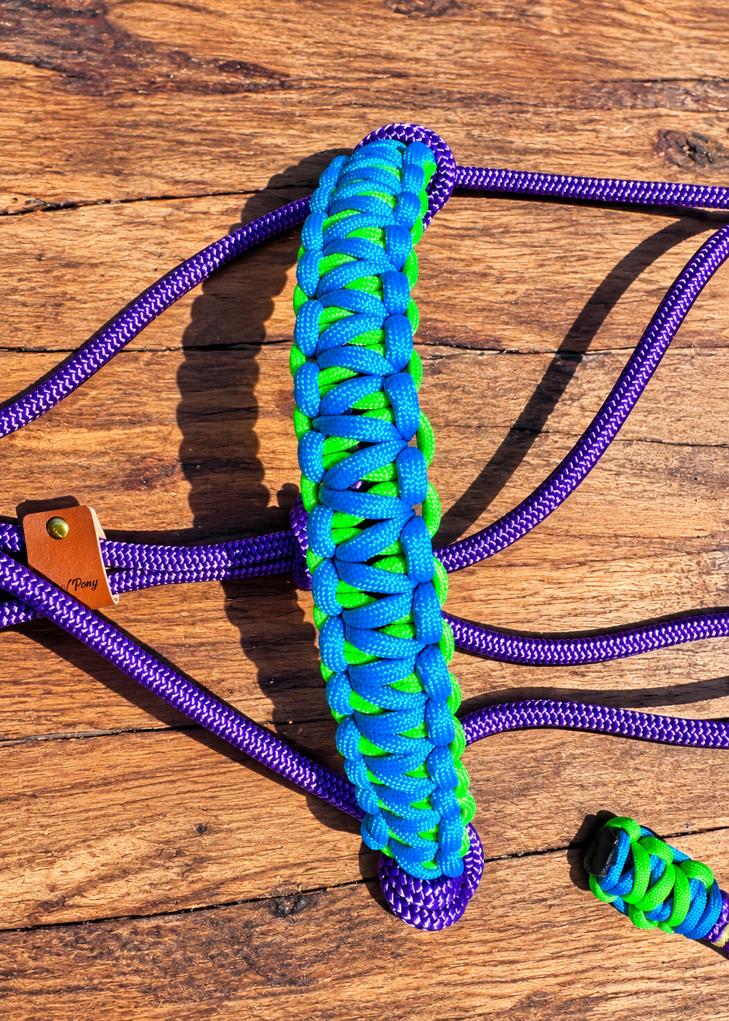 💜 PURPLE STIFF ROPE HALTER – BLUE & LIME BRAID 💚💙