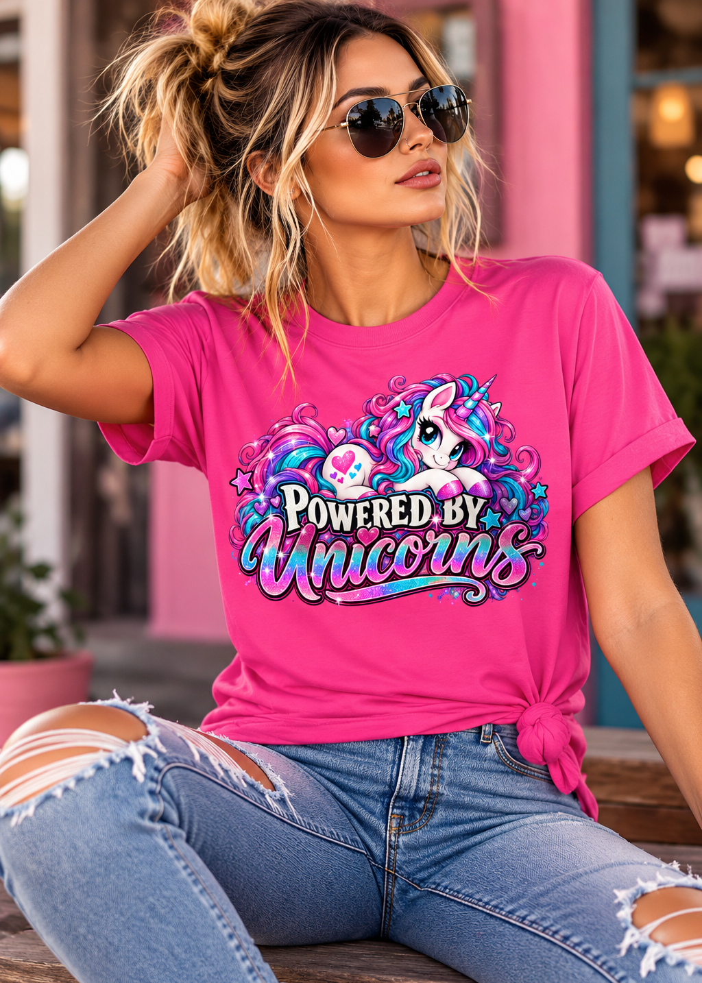 A woman wearing a bright pink graphic t-shirt with a unicorn design and the text 'POWERED BY Unicorns', paired with distressed blue jeans, sitting outdoors.